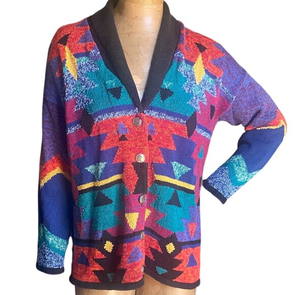 VTG Southwestern/Western/Tribal/Aztec Cowichan Cardigan Sweater L 80’s 90’s 142R - Picture 1 of 7